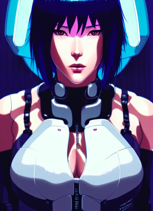 Image similar to a film still portrait of a motoko kusanagi ghost in the shell, finely detailed features, closeup at the faces, perfect art, at a cyberpunk city, gapmoe yandere grimdark, trending on pixiv fanbox, by ilya kuvshinov, rossdraws, artgerm