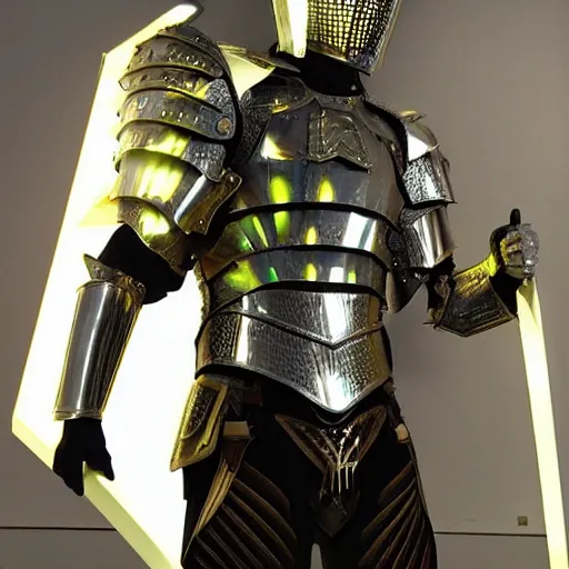 Image similar to holographic corinthian armor, man wearing armor, glowing, see through, spectacular