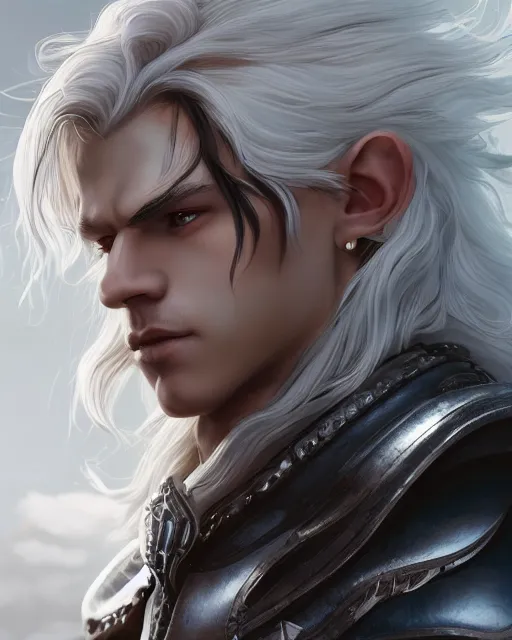 Image similar to portrait, beautiful male elf, long wavy white hair, super detailed, light black armor with silver accenting, silver jewelry, fur lined cape, 8 k, filmic, octane render, sunlight, clouds, artstation, greg rutkowski, rossdraws, william bouguereau, sharp focus