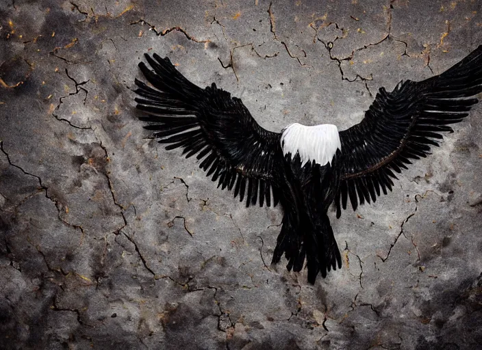 Prompt: pieces of a ripped flag!!!, chicken feathers and saw dust molten and restructured into a beautiful!!!, abstract!!!!!!! sculpture of an eagle, black backdrop, high contrast, award winning photo, dslr, high quality