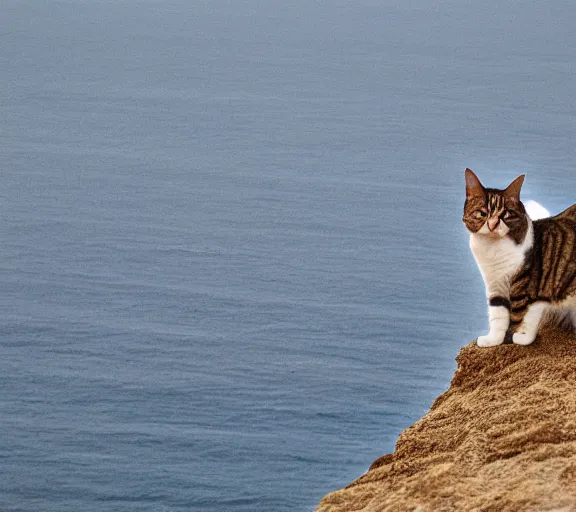 Prompt: a cat standing on a cliff overlooking a beach. hyper realistic and anamorphic 2 0 1 0 s movie still of giovanni falcone, by paolo sorrentino, leica sl 2 3 0 mm, beautiful color, high quality, high textured, lens flare, refined face and muzzle.