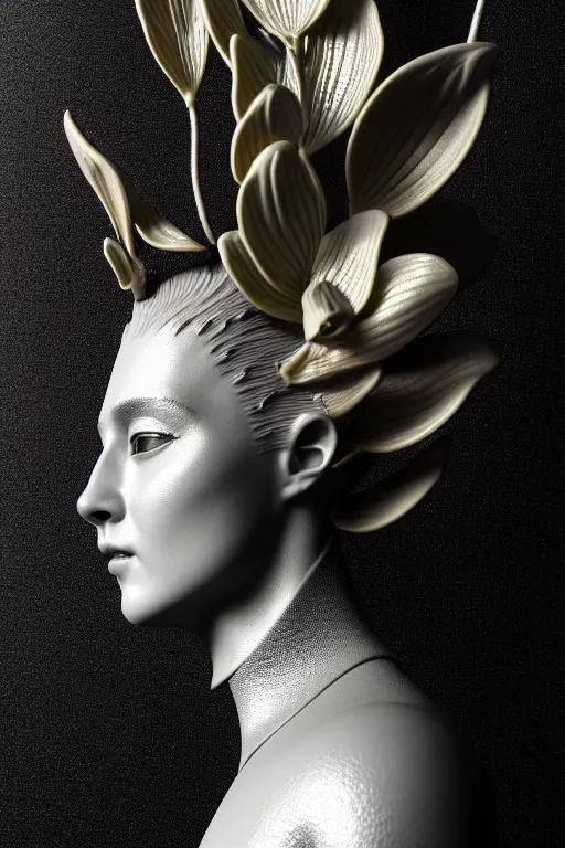 Image similar to bw close - up profile face, black background, beautiful young porcelain vegetal - dragon - cyborg - female, 1 5 0 mm, beautiful natural soft rim light, silver gold details, magnolia leaves and stems, roots, mandelbot fractal, elegant, ultra detailed, white metallic armour, octane render, dora maar