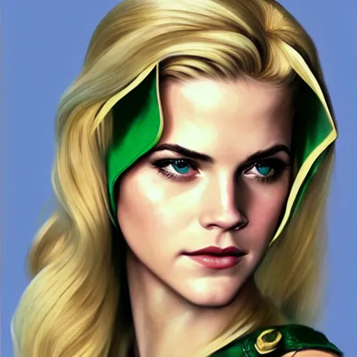 Prompt: A combination of Katheryn Winnick's and Grace Kelly's and Emma Watson's faces with blonde hair as Green Arrow, western, D&D, fantasy, intricate, elegant, highly detailed, digital painting, artstation, concept art, matte, sharp focus, illustration, art by Artgerm and Greg Rutkowski and Alphonse Mucha