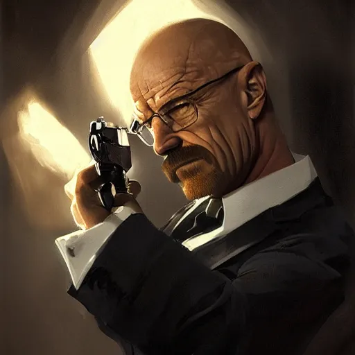 Image similar to walter white as a mafia chief with a gun in a street trending on artstation, painted by greg rutkowski