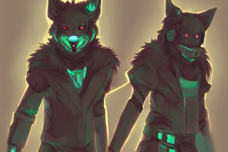 Image similar to a cyberpunk anthropomorphic wolf with a fluffy tail, comic art, trending on furaffinity, cartoon, kawaii, backlighting, furry art!!!, neon, concept art