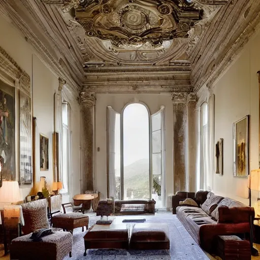 Image similar to giant Italian modern castle living room, clean minimalist design, that is 1300 feet tall, with very tall giant walls filled with modern art paintings, doors that are cosmic portals, photo by Annie Leibovitz