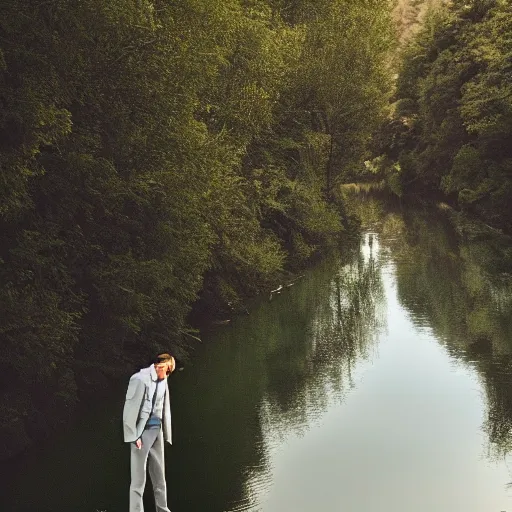 Prompt: the man's face is near a river with a reflection of himself, surreal portrait, surrealism, shot with nikon z9, natural light,