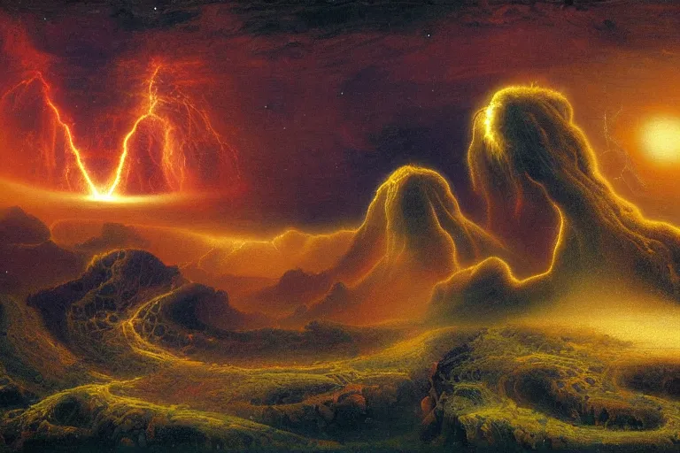 Image similar to mesozoic cosmic upheaval turmoil landscape in the style of dr. seuss, orbital laser bombardment, painting by albert bierstadt