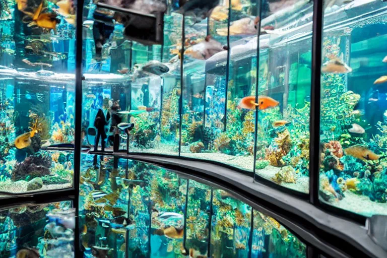 Image similar to aquarium surrounded by mirrors, 85mm