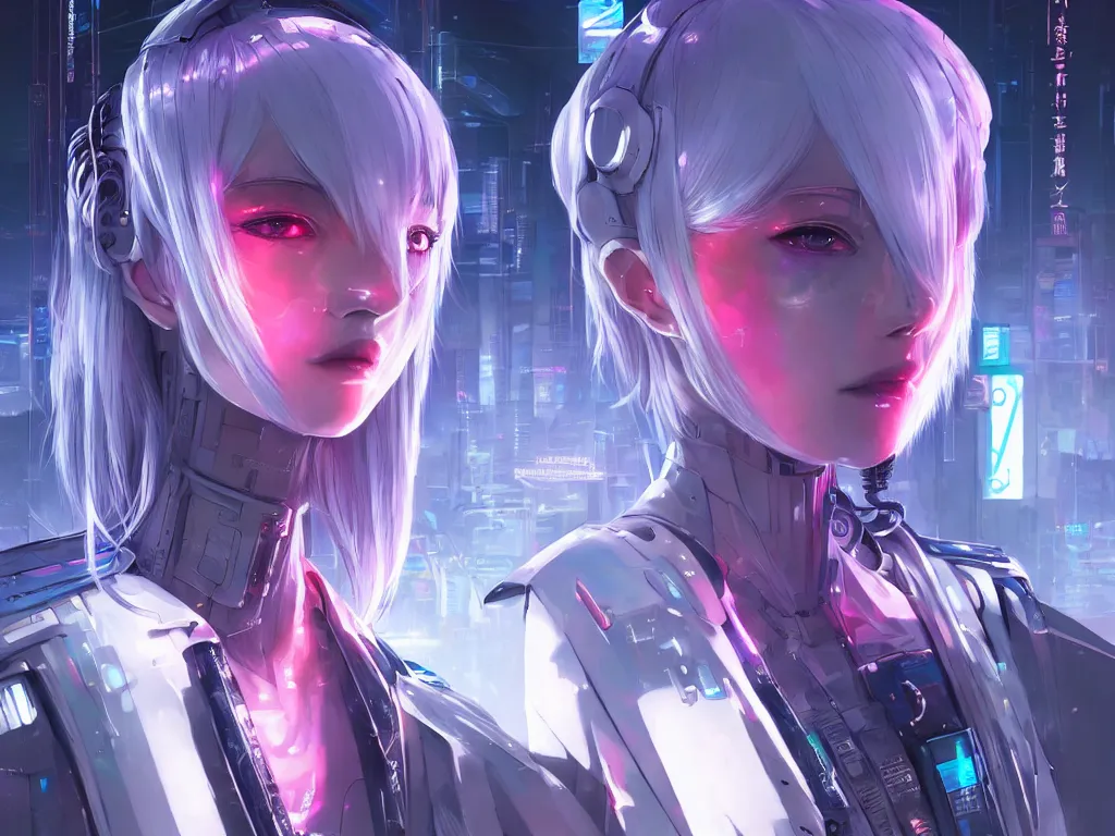 Image similar to portrait grey hair anime visual futuristic female cyber police, on cyberpunk neon light tokyo rooftop, ssci - fi and fantasy, intricate and very beautiful, human structure, concept art, sharp focus, anime by simon stalenhag and rossdraws and magali villeneuve and liya nikorov and luxearte, frostine engine