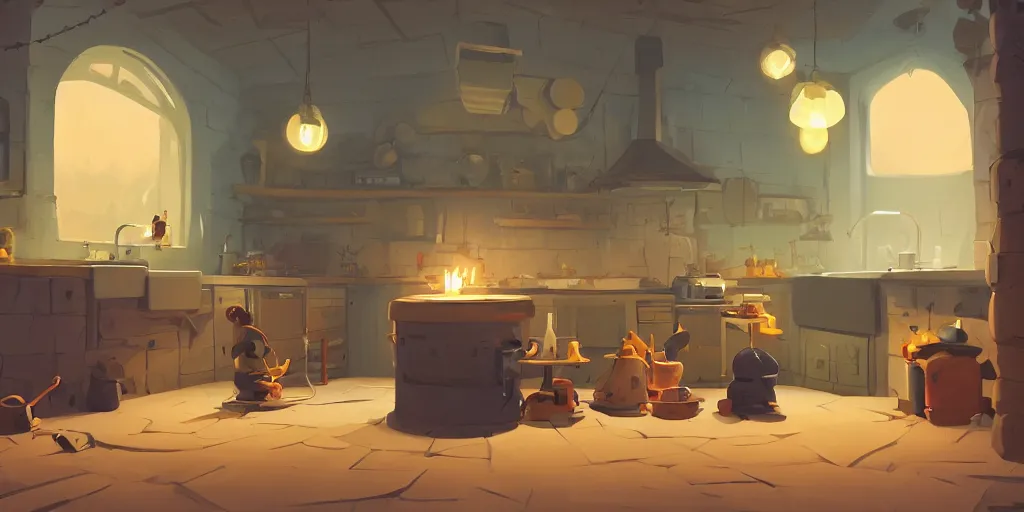 Prompt: epic illustration of a wooden kitchen dim lit by 1 candle doubly so by Goro Fujita and Simon Stalenhag , 8k, trending on artstation, hyper detailed, cinematic