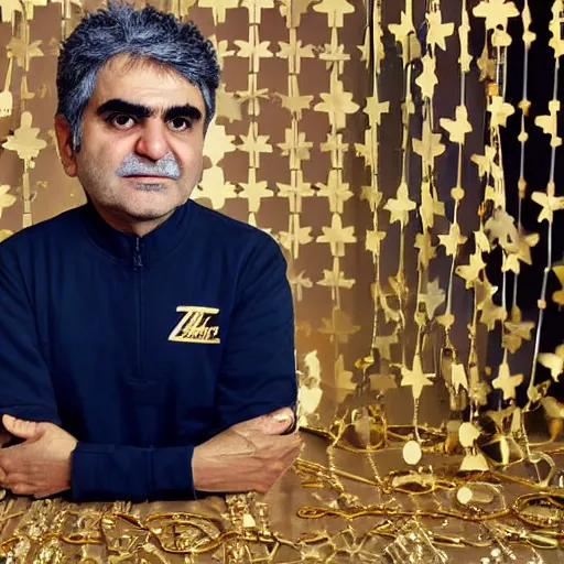 Prompt: jafar panahi, clean shaven, wearing an umbro pink tracksuit and gold necklace with large star shaped intricate gold medallion