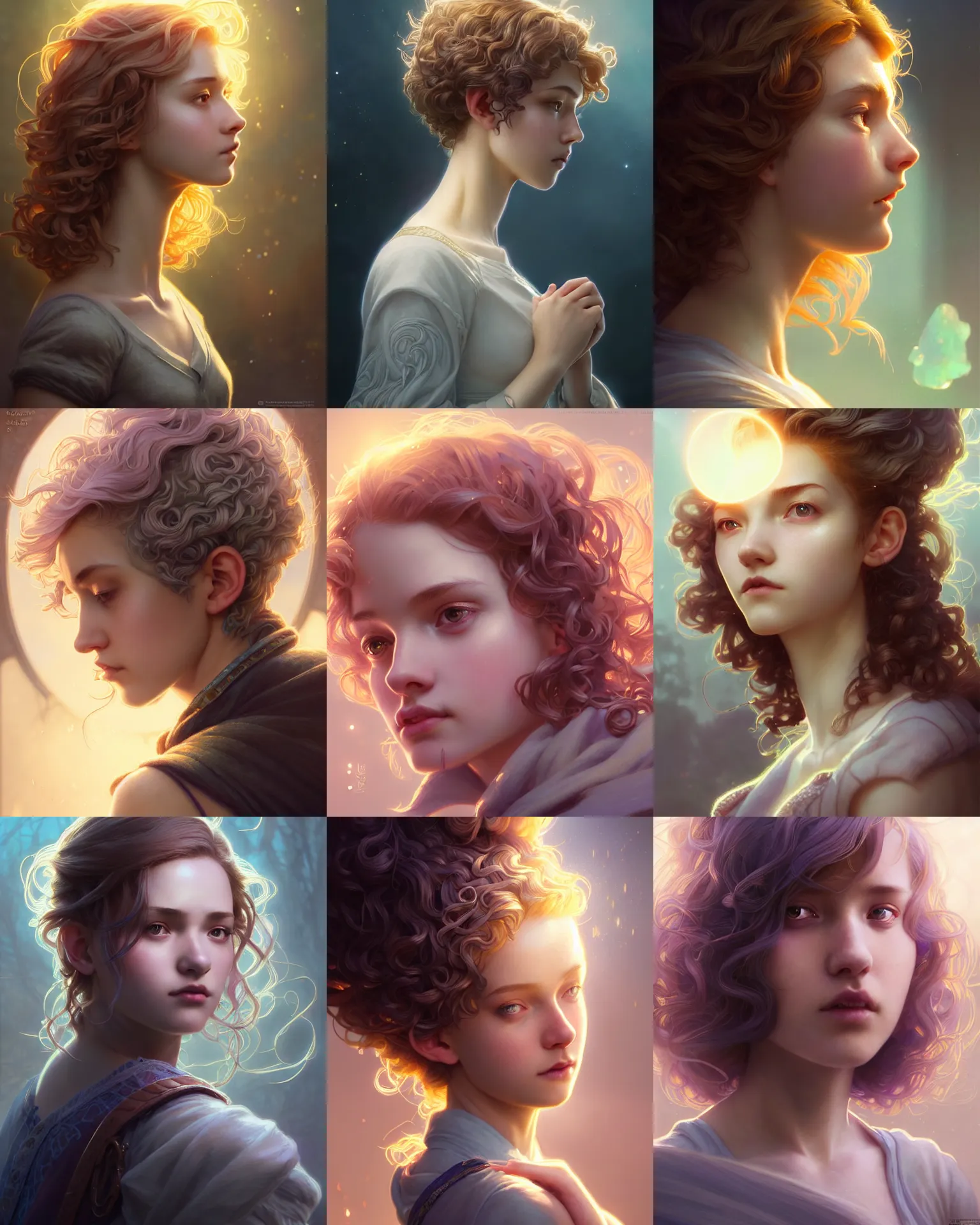 Prompt: side portrait of a university young female, magic school, light colored hair, short curly hair, fantasy building, intricate, sharp focus, lens flare, bloom, rim light, illustration, highly detailed, digital painting, concept art, matte, art by wlop and ross tran and artgerm and greg rutkowski and alphonse mucha, masterpiece