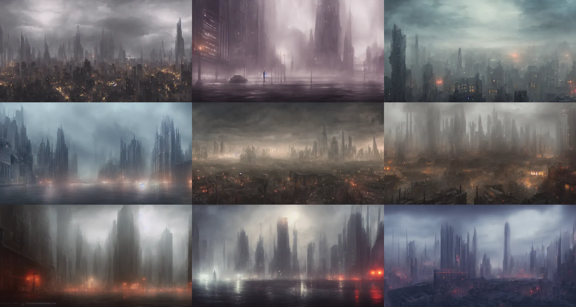 Prompt: a matte painting of a misty city, marvel cinematic universe concept art, good value control, concept art, digital painting, sharp focus, symmetrical, 4k, illustration, rule of thirds, sci-fi, elden ring, centered, moody colors, moody lighting, atmospheric