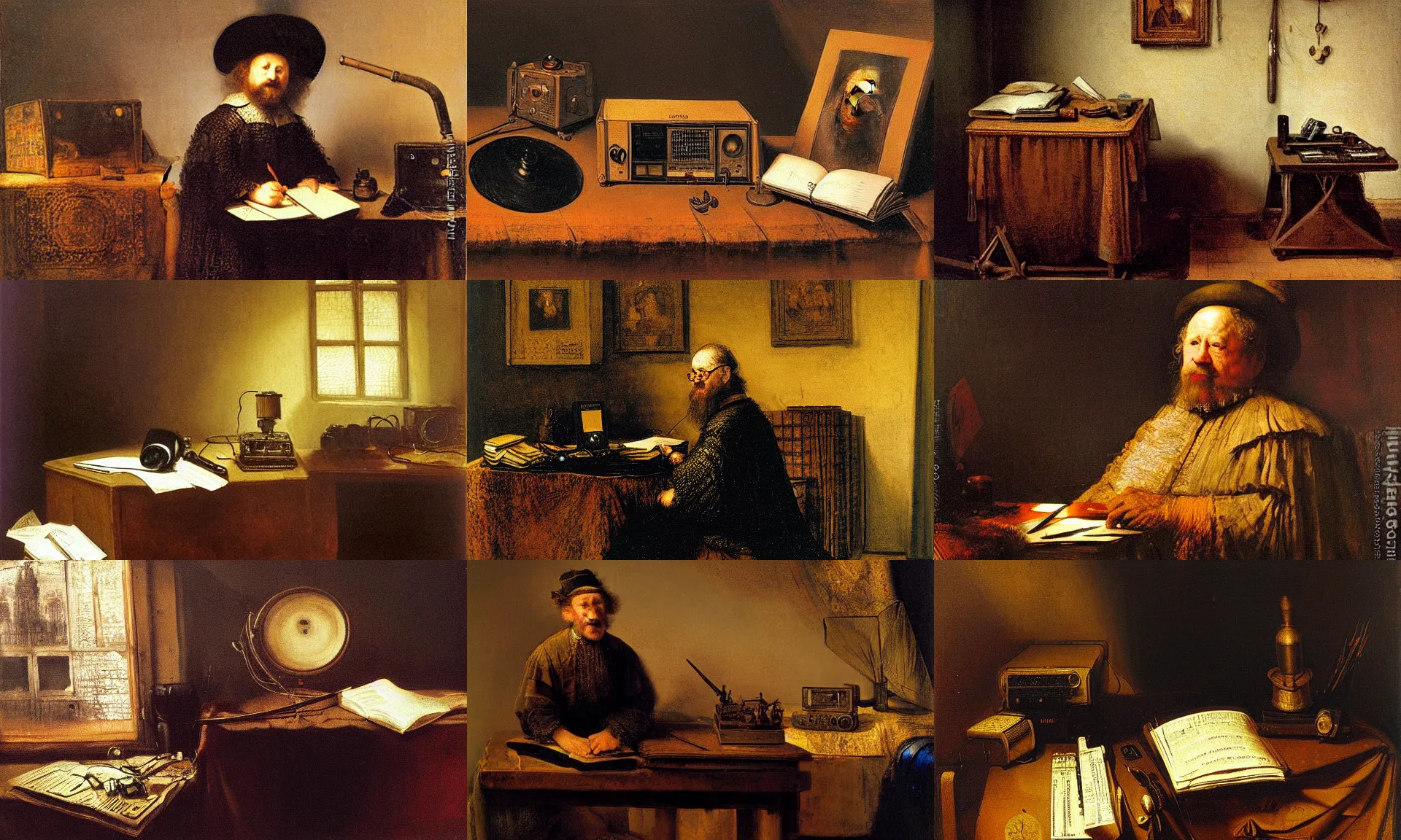 Prompt: wizard, radio equipment, desk, tome, oil painting by Rembrandt