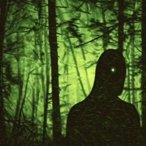 Image similar to grainy surveillance photo still of an alien in the woods at night hiding in the trees of a forest