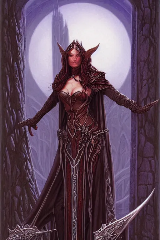 Prompt: a female elven wizard, grimdark fantasy by Gerald Brom