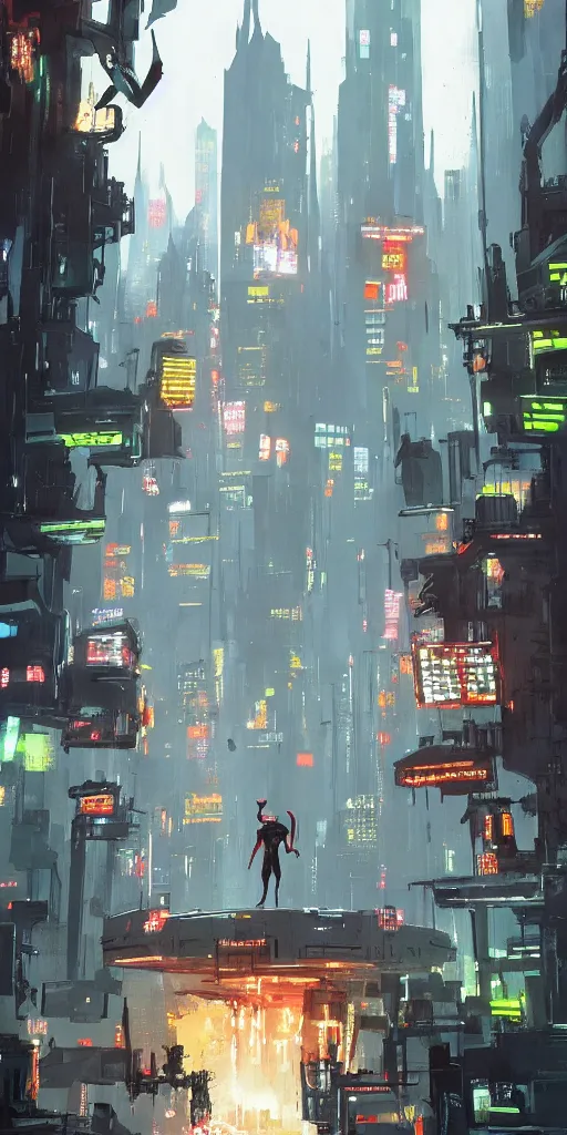 Image similar to the entrance of a stronghold located in the middle of spiderman : into the spider - verse ( 2 0 1 8 ) new york city, by ashley wood and phil hale, blade runner, masterpiece, award - winning, sharp focus, intricate concept art, ambient lighting, 8 k, artstation, pixiv