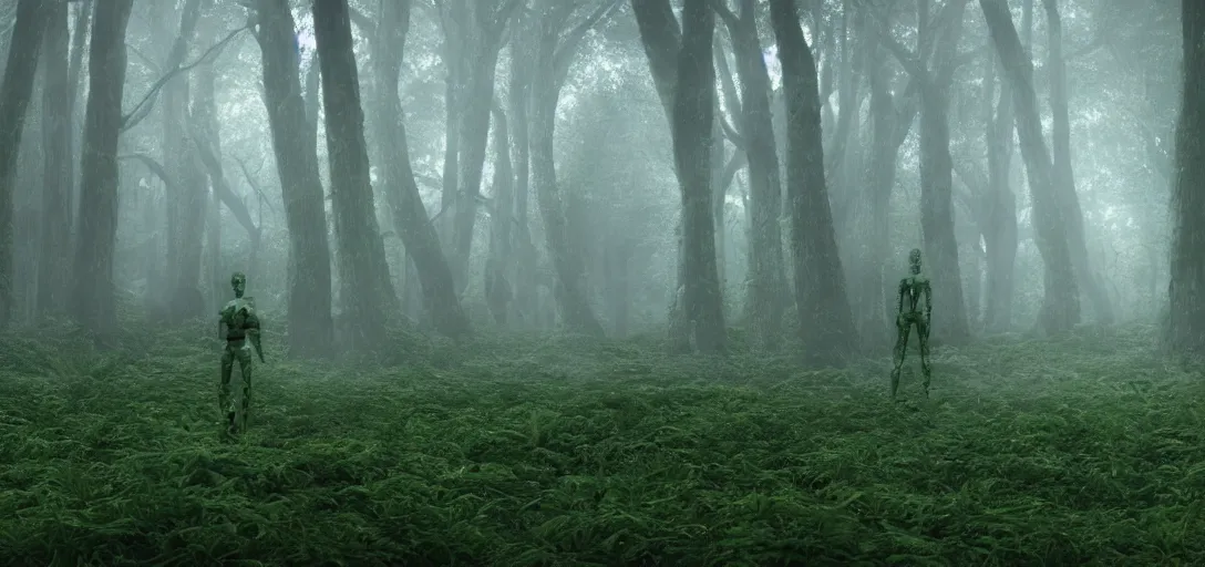 Image similar to a complex organic fractal 3 d ceramic humanoid megastructure in a lush forest, foggy, cinematic shot, photo still from movie by denis villeneuve