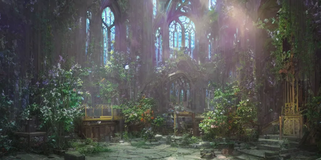 Image similar to anime kyoto animation key by greg rutkowski, violet evergarden in abandoned chapel with overgrown flowers and plants