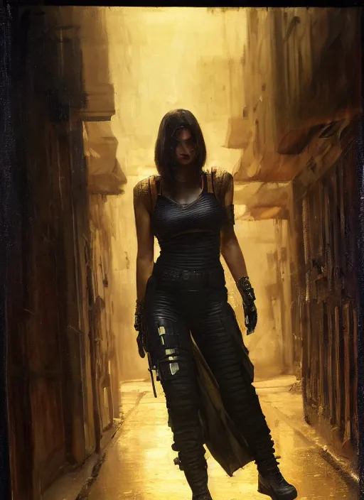 Prompt: Sonya Lopez. Cyberpunk hitwoman wearing military vest walking through nightclub (blade runner 2049, cyberpunk 2077). Orientalist portrait by john william waterhouse and James Gurney and Theodore Ralli and Nasreddine Dinet, oil on canvas. Cinematic, hyper realism, realistic proportions, dramatic lighting, high detail 4k
