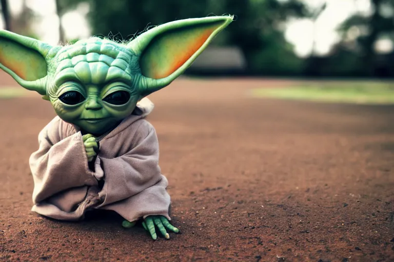 Prompt: baby-yoda!!!!!!, happy, in a playground, shallow depth of field,