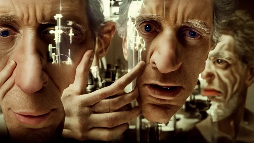 Image similar to the scientist creates new life, film still from the movie directed by denis villeneuve and david cronenberg with art direction by salvador dali, wide lens