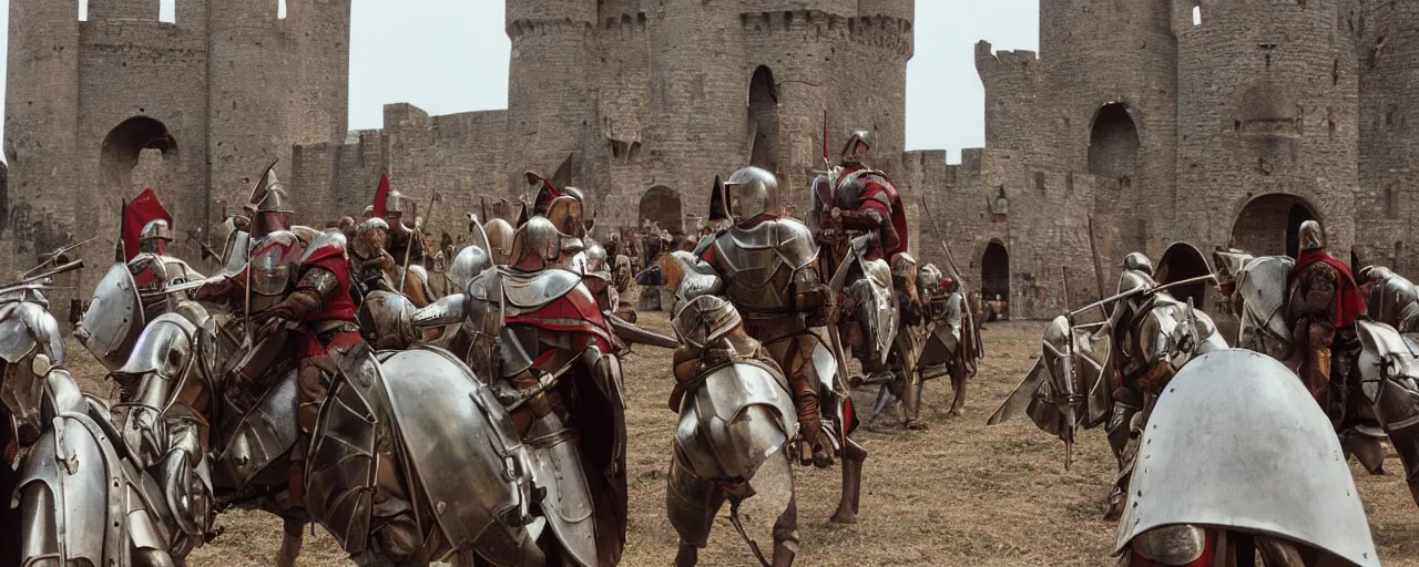 Image similar to medieval knights defending a large mound of spaghetti behind the castle gates, small details, realistic faces, intricate, canon 5 0 mm, high detail, intricate, cinematic lighting, photography, wes anderson, film, kodachrome