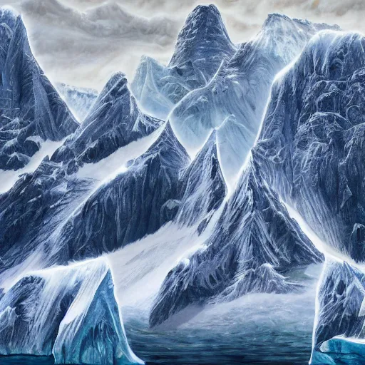 Prompt: epitome mysteries of Antarctica glacial cult mountain god, realistic fantasy, oil painting, extremely high detail, photorealistic, cinematic lighting, oil painting, intricate line drawings, 4k resolution