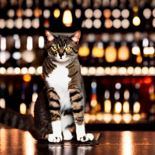 Image similar to a photo of a cat drinking expensive champagne in a fancy dark bar, mood lighting, f 1. 8, iso 1 6 0 0