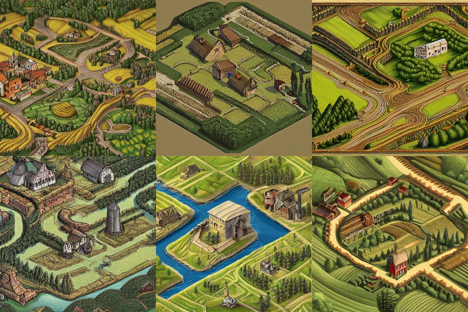 Prompt: perfectly isometric rural river and farm network, digital art, perfect details, gothic design by Carlo Crivelli, finished concept art