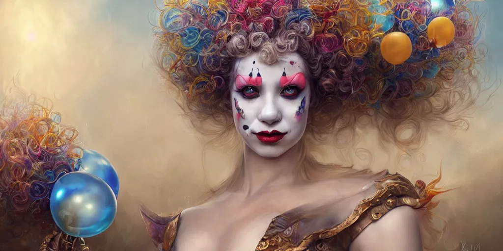 Prompt: a portrait of a group of female clown sorceress with balloons bathing in a lake by karol bak and jia ruan, beautiful detailed eyes, cute, fantasy, intricate, elegant, highly detailed, digital painting, 4 k, hdr, concept art, detailed jewelry, smooth, sharp focus, illustration, art by artgerm