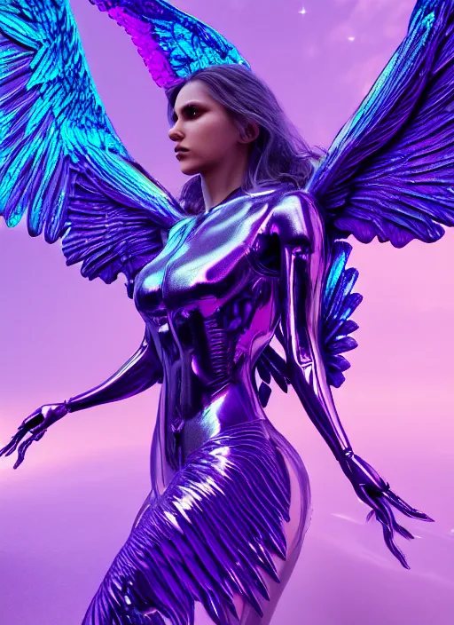 Prompt: a photo of 8 k ultra realistic female archangel with 6 wings, full body, intricate purple and blue hard surfaces, futuristic, science fiction themes, highly saturated colors, holographic undertones, overdetailed art, concept art, detailed illustration, hd, 4 k, octane rendered