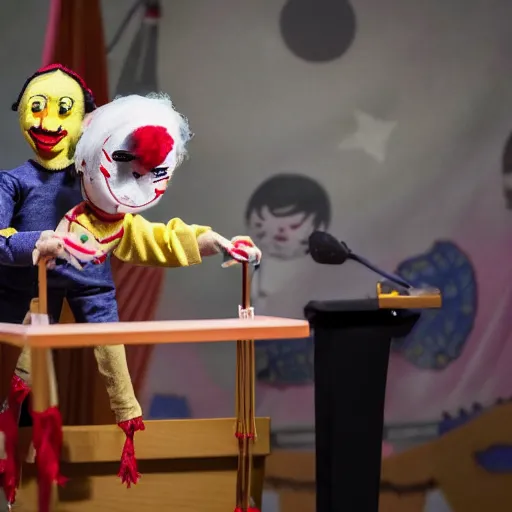 Image similar to puppet show with a puppeteer using a string marionette of a president with clown makeup in a podium