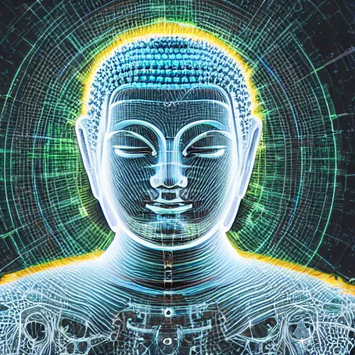 Prompt: robotic lifeform buddha meditating in front of a beautiful fractal neural network :: depth of field