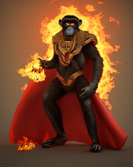 Prompt: fury art, an anthro monkey wearing a large cape and a fantasy armor, fire, fiery background, 3 d, 8 k, extremely detailed, trending on furaffinity, trending on artstation, award winning, sharp focus, illustration