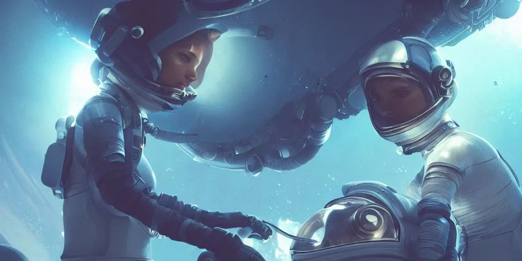 Image similar to Zoe Kravitz with short hair as a techpunk astronaut, helmet with led lights, underwater in the ocean at night, clear water, volumetric lighting, glowing lights, 4k, octane, digital painting, artstation, concept art, cinematic film, sharp focus, illustration, art by artgerm and greg rutkowski and alphonse mucha , wide angle view,