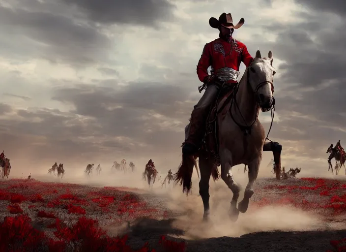 Prompt: cinematic shot of cowboy outriders on horseback wearing silver suits of armor and cowboy hats fighting in battle against enemies that are wearing red armor by Greg Rutkowski, 4k, masterpiece