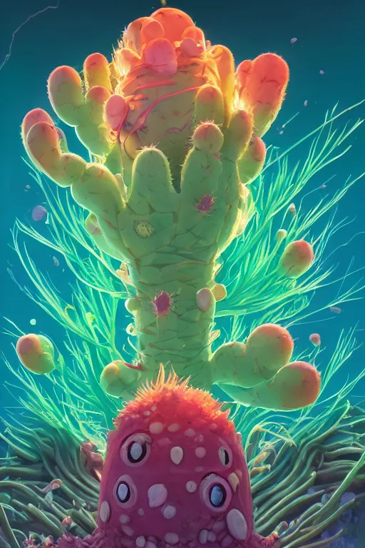 Image similar to roots cactus sushi cristal smurf ghost creature animal sushi cristal very big eye roots cactus elemental flush of force nature micro world fluo fishscale, behance hd by jesper ejsing, by rhads, makoto shinkai and lois van baarle, ilya kuvshinov, rossdraws radiating a glowing aura global illumination ray tracing hdr