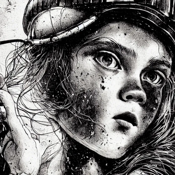 Prompt: extreme close - up on sadie sink as a miner : she lifts stale bread with her hand. background : black tiles on walls. black and white, pencil and ink. by gabriel hardman, joe alves, chris bonura. cinematic atmosphere, detailed and intricate, perfect anatomy