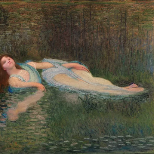Prompt: ophelia laying partially submerged in water floating down the river amongst the reeds fully covered in robes and lake foliage weeds reeds fully clothed in flowing medieval robes by rosetti and monet, 8 k