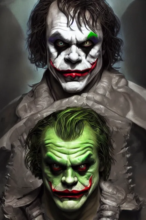 Image similar to portrait of mark hamill as the joker as a hulking herculean demon orc bugbear clown, godlike, upper body, fantasy, intricate, elegant, highly detailed, digital painting, artstation, concept art, sharp focus, illustration, art by artgerm and greg rutkowski and alphonse mucha