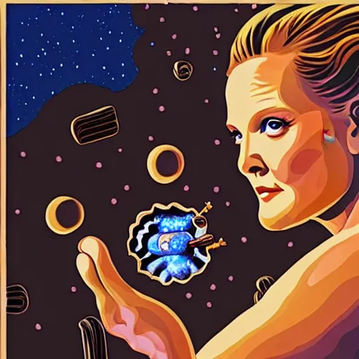 Image similar to smore inside drew barrymore, bionic scifi by alexandre ferra, chocolate and graham cracker background