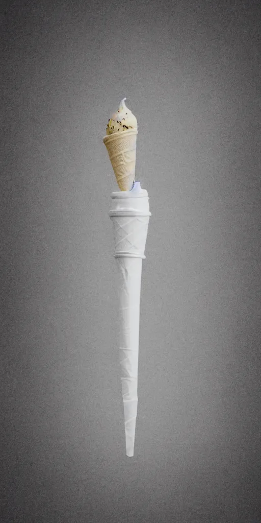 Image similar to a detailed photograph of a mysterious levitating ice cream cone made of human skin