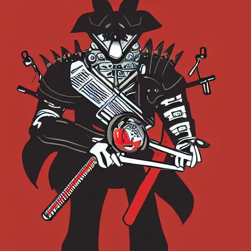 Prompt: An illustration of a mechanical punk motorcyclist carrying a samurai sword next to a black wolf on a red background, by matt griffin