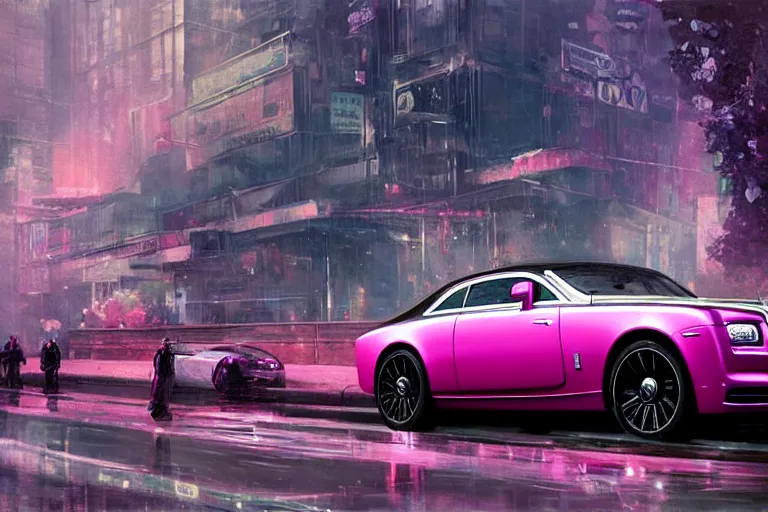 Prompt: photograph of a shiny hot pink rolls royce, with a sleek spoiler, driving down the streets of london cyberpunk city, by greg rutkowski, by stanley artgerm, by alphonse mucha