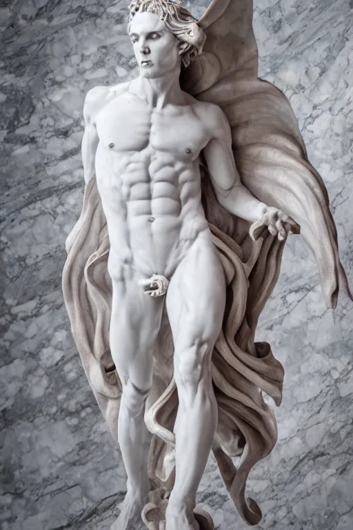 Image similar to epic and dramatic view of incubus statue made in carrara pinkish marble showing cracks in his full body, realistic and ultra detailed, 8 k