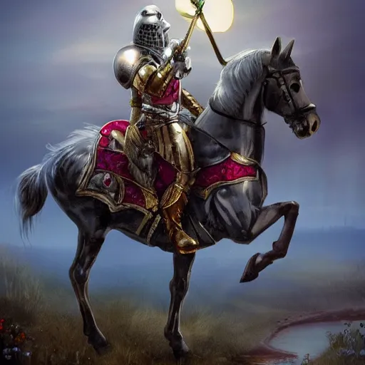 Image similar to silver knight in shining armor with ruby gems and a gold sword on a horse in a foggy lake under moonlight