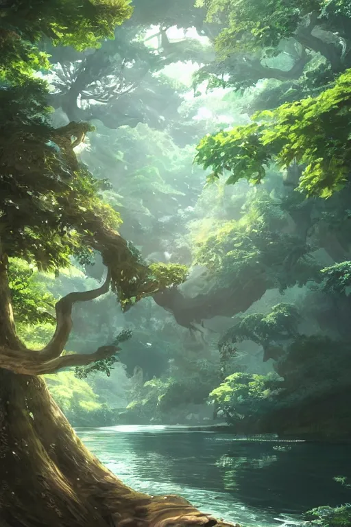 Image similar to shimmering river flowing through a giant ancient tree, serene evening atmosphere, soft lens, soft light, cel - shading, animation, in the style of cgsociety, deviantart, artstation, zbrush, cinema 4 d, studio ghibli, akihiko yoshida, atelier lulua, masamune shirow