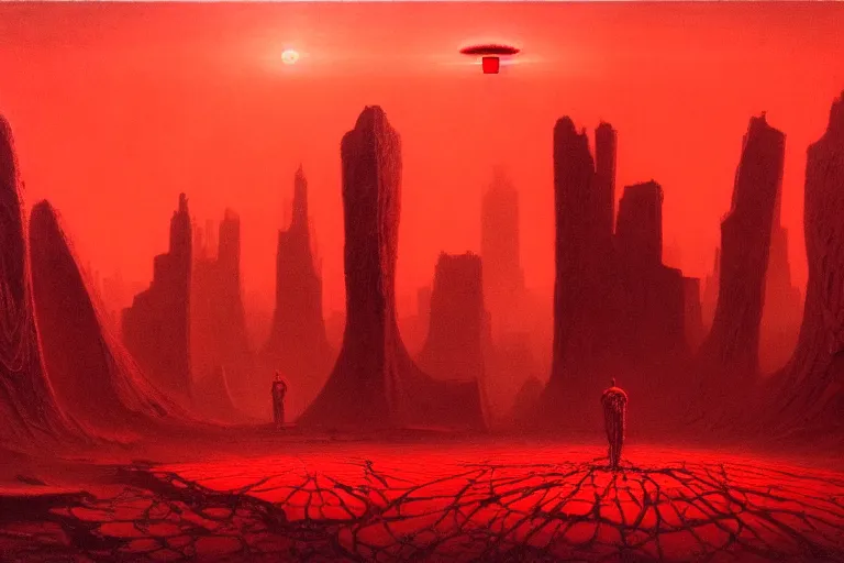 Image similar to only with red, a red god of death eat apple, a futuristic city on mars in background, floor are worms, in the style of beksinski, part by hopper, part by rodcenko, part by hofbauer, intricate composition, red by caravaggio, insanely quality, highly detailed, masterpiece, red light, artstation